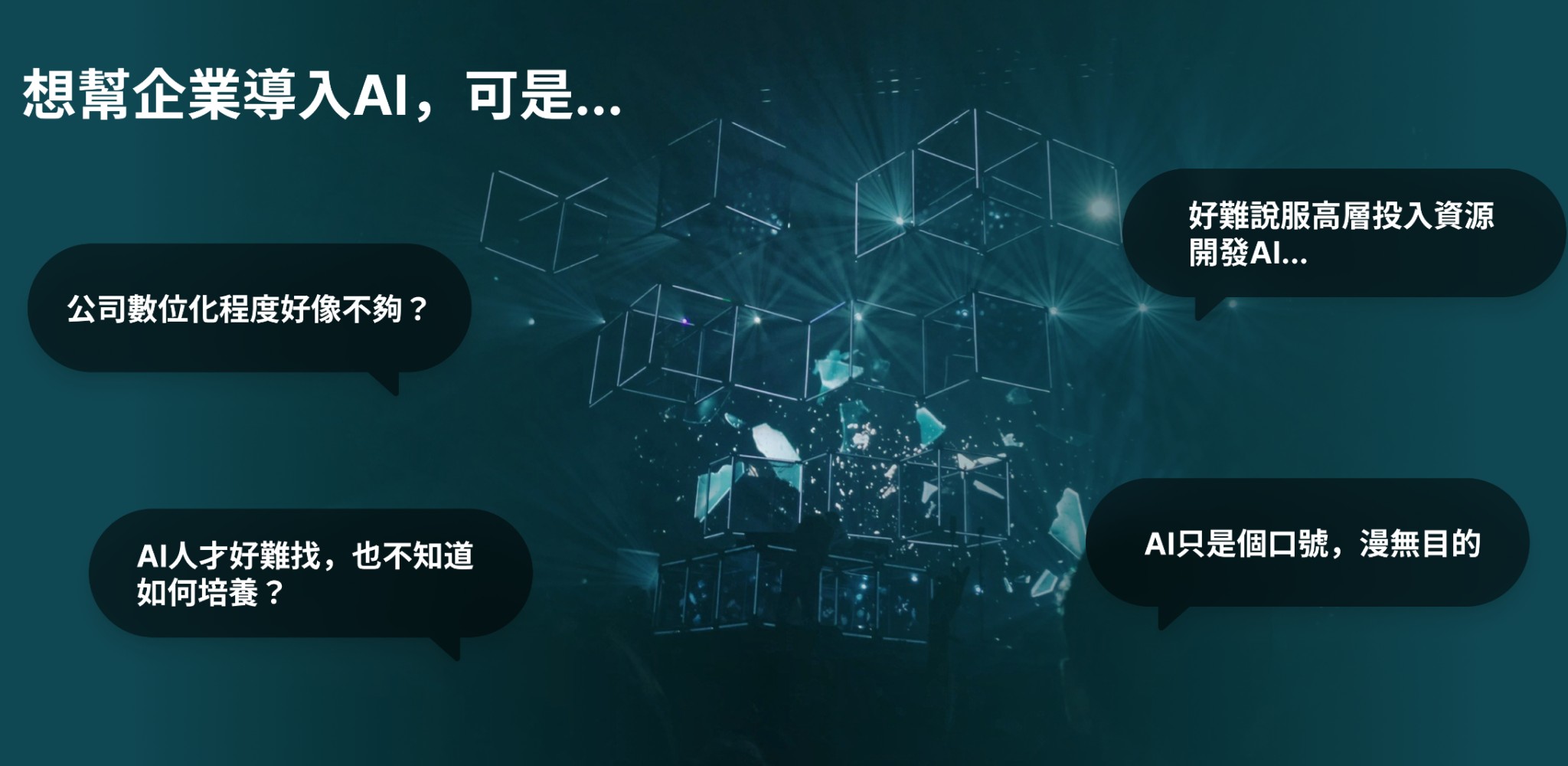 深色背景中,白色文字寫著 '想幫企業導入AI,可是…'。四個對話框以黑底白字呈現:'公司數位化程度好像不夠?'、'好難說服高層投入資源開發AI…'、'AI人才好難找,也不知道如何培養?' 和 'AI只是個口號,漫無目的'。背景有立體的幾何光線效果,增添科技感。